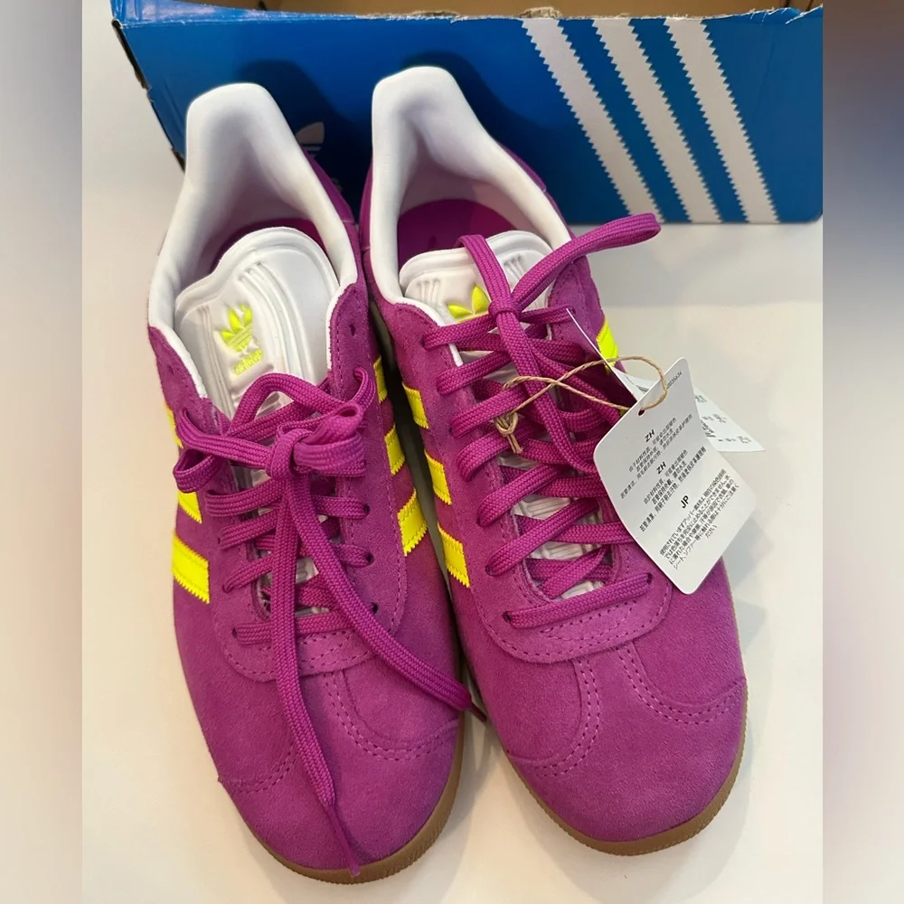 NWT adidas Originals Gazelle sneakers in pink and yellow with gum sole Women’s